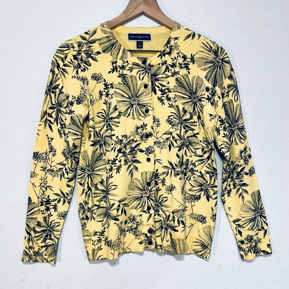Karen Scott Yellow And Navy Blue Cardigan Sz S GUC